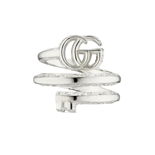 Introducing the Gucci GG Marmont Sterling Silver Key Double Band Ring by GUCCI Fine Jewellery, featuring a coiled snake design with embossed scale details and the iconic Double G emblem at the top.
