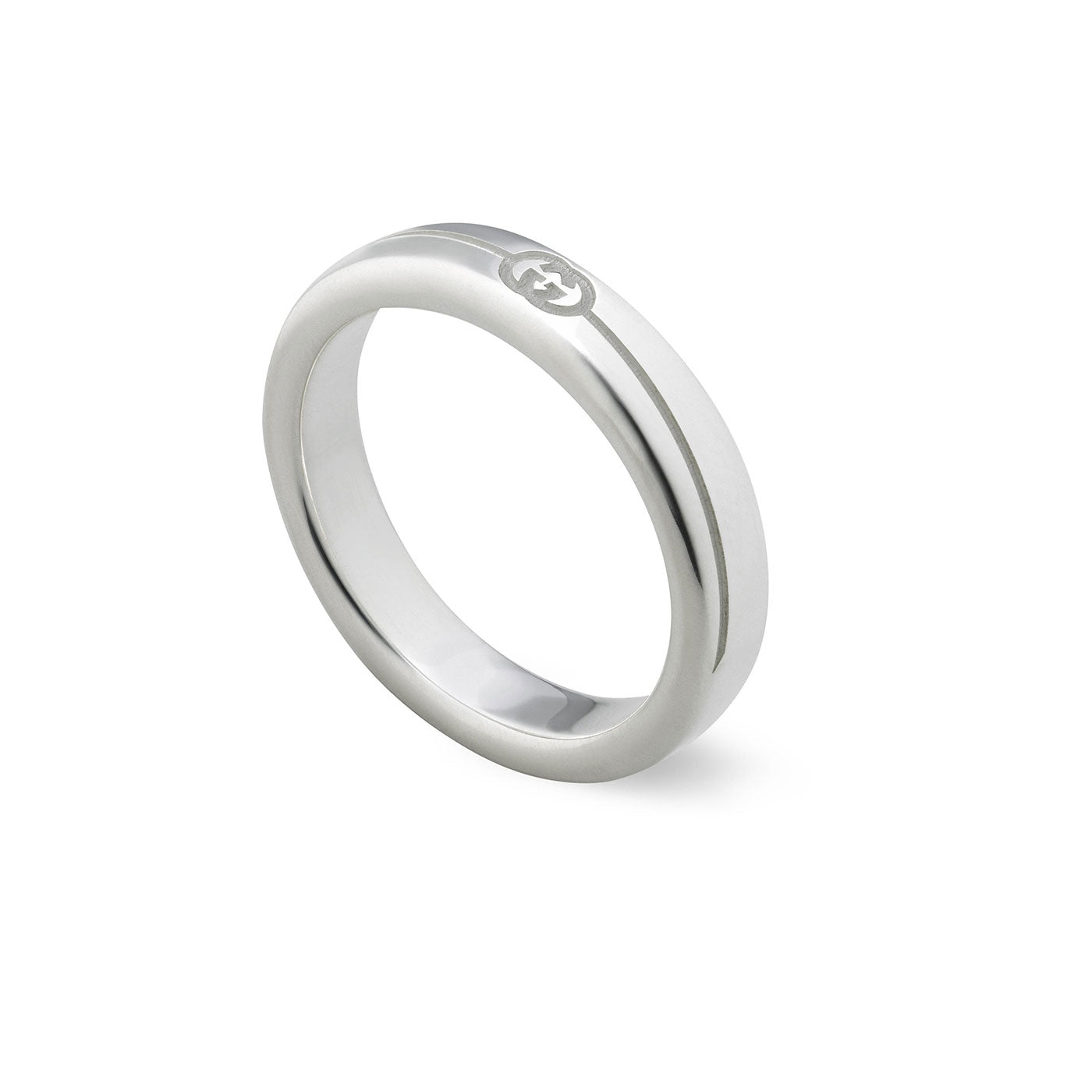 The Gucci Diagonal Interlocking G Sterling Silver Thin Ring by GUCCI Fine Jewellery boasts a sleek, polished finish with the iconic Interlocking G engraving adorning its surface. Its simple and elegant design features a slightly rounded band, displayed on a white background to exude sophistication and timeless style.