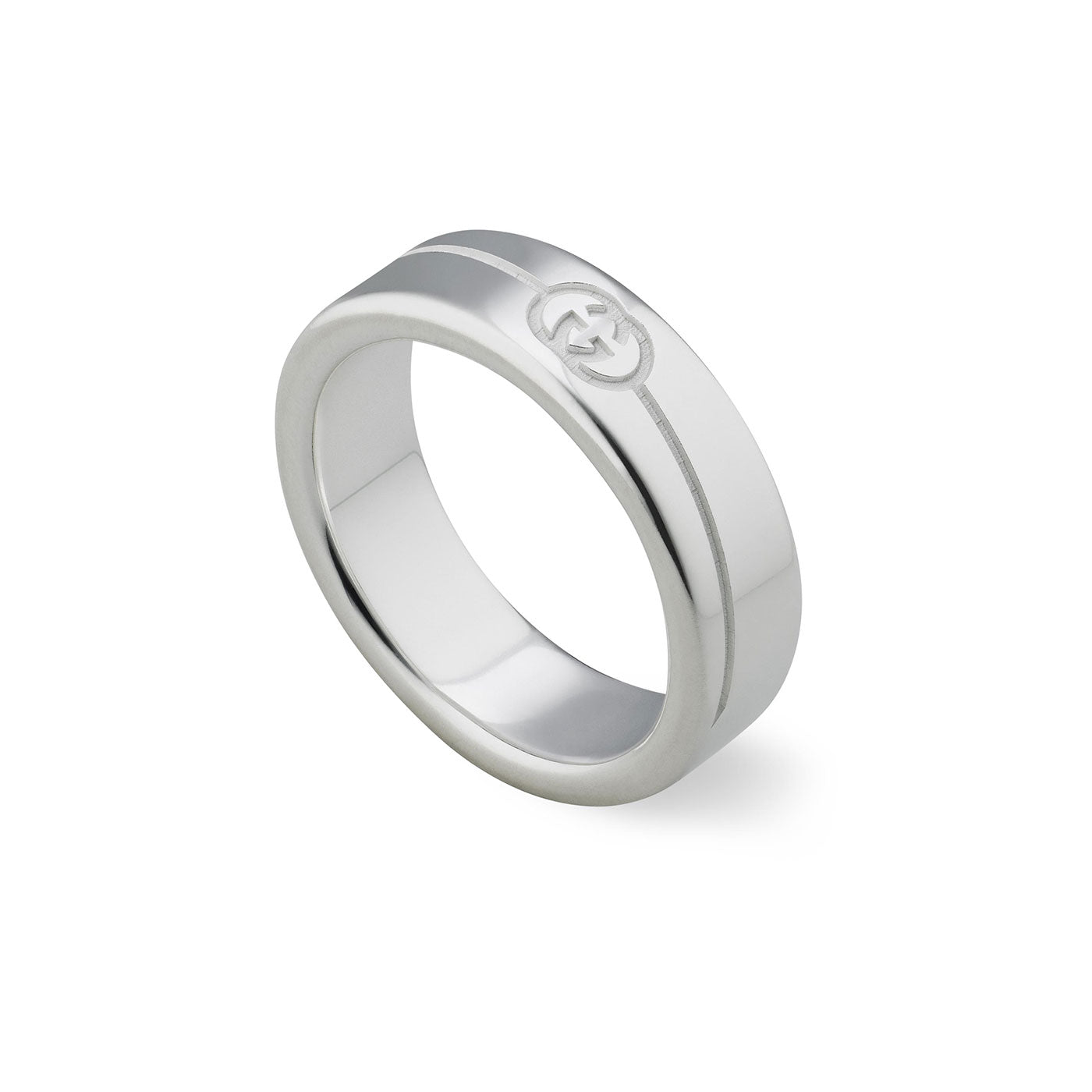 A sophisticated Gucci Diagonal Interlocking G Sterling Silver Ring from GUCCI Fine Jewellery, featuring a smooth finish and a discreet interlocking G design near the top edge, set against a simple white background.