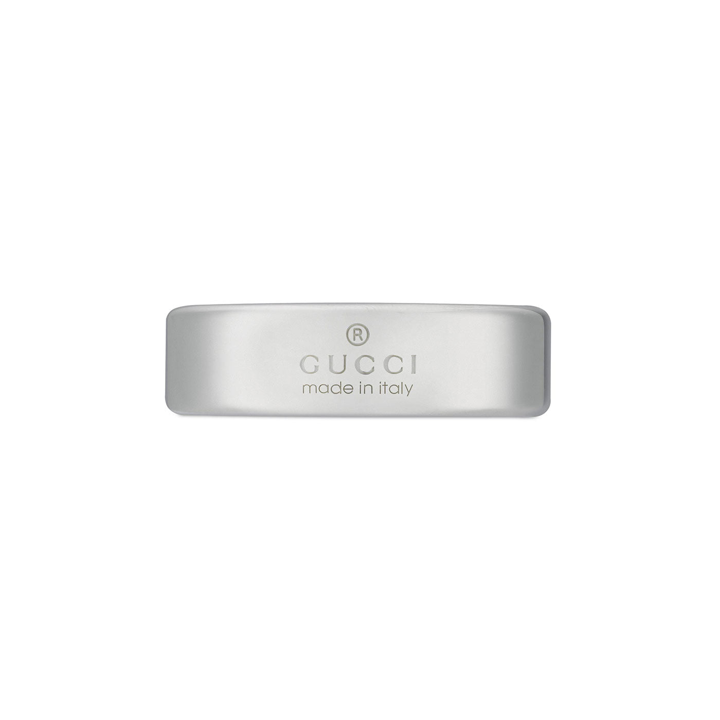 A sterling silver Gucci ring featuring a diagonal interlocking G design and elegantly marked with "GUCCI Fine Jewellery" and "made in Italy.