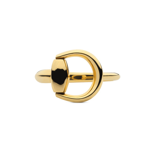 The Gucci Horsebit 18K Yellow Gold Ring by GUCCI Fine Jewellery features an open-ended design with a rounded band and geometric top that evokes the classic horsebit style. Its sleek, polished finish radiates elegance and sophistication.