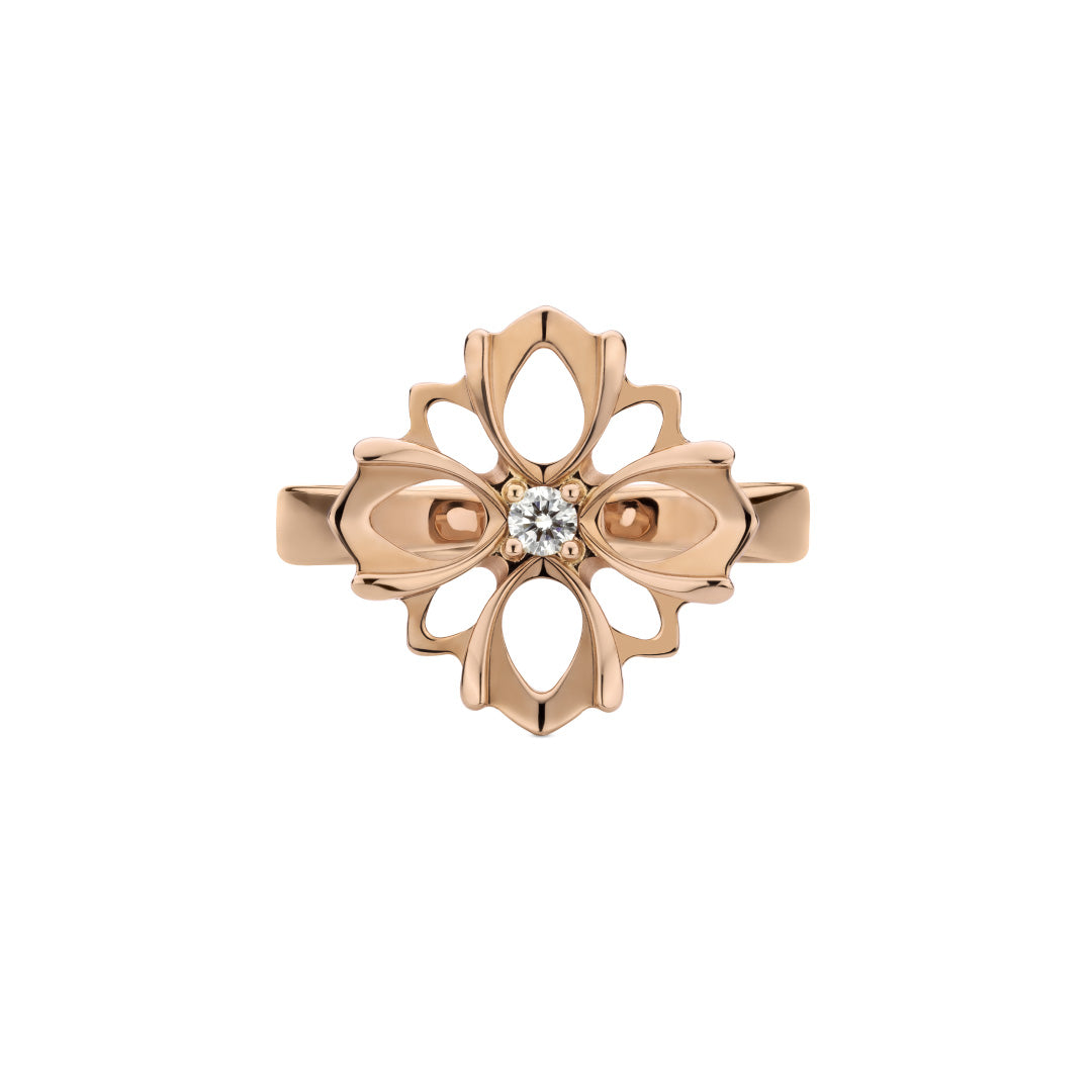 Introducing the Gucci Flora 18K Rose Gold Diamond Fashion Ring from GUCCI Fine Jewellery, featuring an intricate floral design with petal-like shapes centered around a dazzling diamond flower. The ring showcases elegant craftsmanship and a polished finish reminiscent of Gucci's signature style.