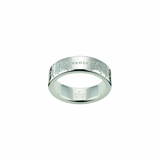 Introducing the Gucci Signature GG Sterling Silver Wide Ring by GUCCI Fine Jewellery. This exquisite piece features the iconic GG motif engraved across its surface, with "Gucci made in Italy" inscribed on the interior. The ring's smooth, polished finish highlights its modern and stylish design.