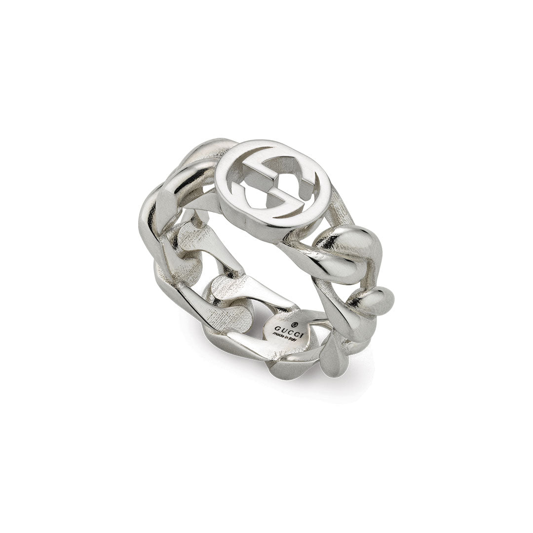 The Gucci Interlocking G Sterling Silver 7mm Ring by GUCCI Fine Jewellery features a chunky chain design and an interlocking G logo, showcased elegantly on a white background.
