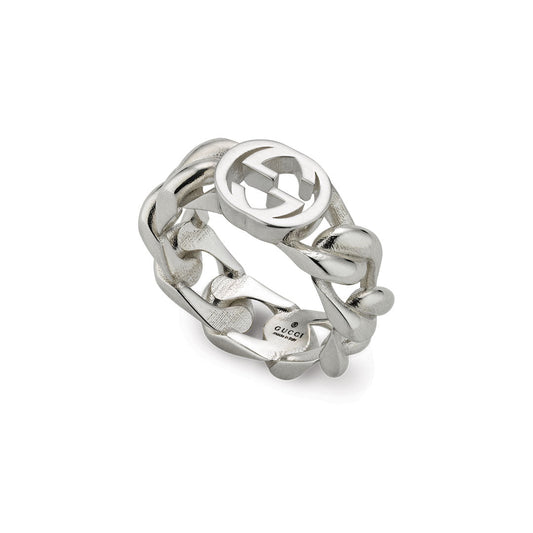 The Gucci Interlocking G Sterling Silver 7mm Ring by GUCCI Fine Jewellery features a chunky chain design and an interlocking G logo, showcased elegantly on a white background.