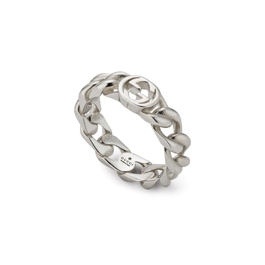 The GUCCI Fine Jewellery Interlocking G Sterling Silver 5mm Ring features a bold chain design with a signature Interlocking G logo atop and an engravable plate inside the band.