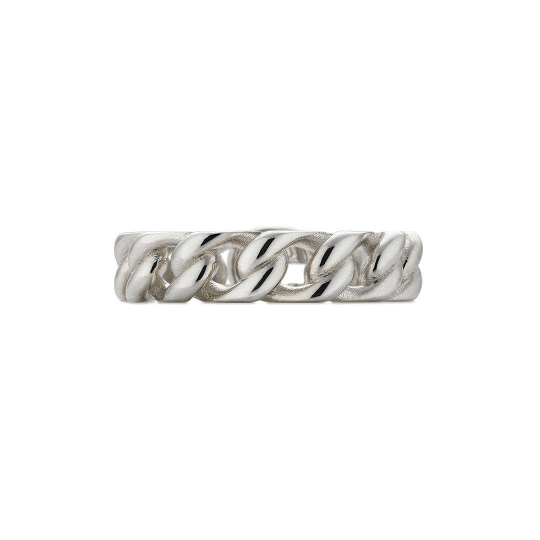 The GUCCI Fine Jewellery Interlocking G Sterling Silver 5mm Ring features a chunky chain-link design and signature logo, displayed on a plain white background.