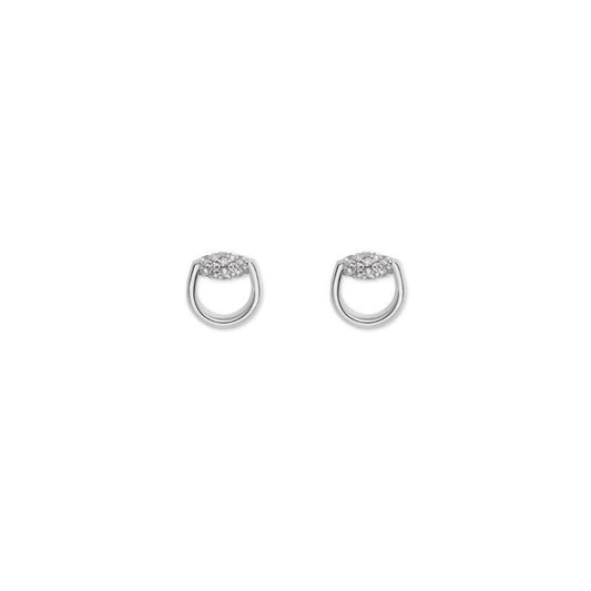 The Gucci Horsebit 18K White Gold Diamond Stud Earrings from GUCCI Fine Jewellery are small, silver hoop earrings that showcase a cluster of tiny sparkling diamonds at the top, set against a plain white background.