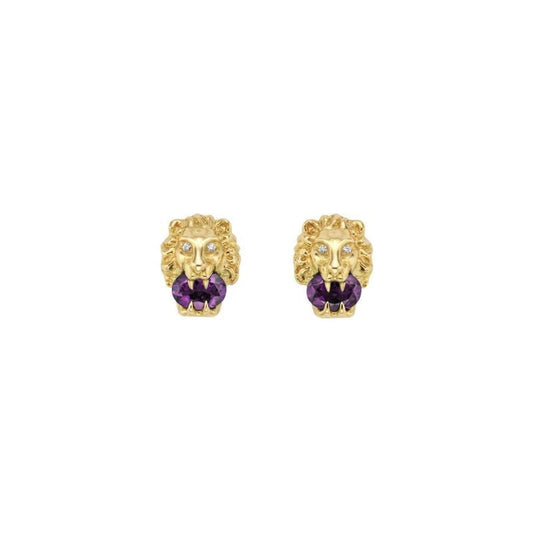 The Gucci Lionhead 18K Yellow Gold Amethyst and Diamond Stud Earrings by GUCCI Fine Jewellery showcase a striking lion head design adorned with amethyst gemstones and small white stones, set on a white background.