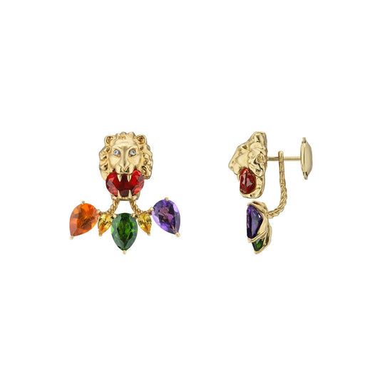 The Gucci Lionhead Single Stud Earring, from GUCCI Fine Jewellery, is intricately designed in 18K yellow gold with red enamel detailing on the mouth and adorned with multi-colored gemstones in shades of orange, green, and purple. It showcases a lion-head motif featuring one front view and one side view, complete with a screw-back closure for an elegant touch.