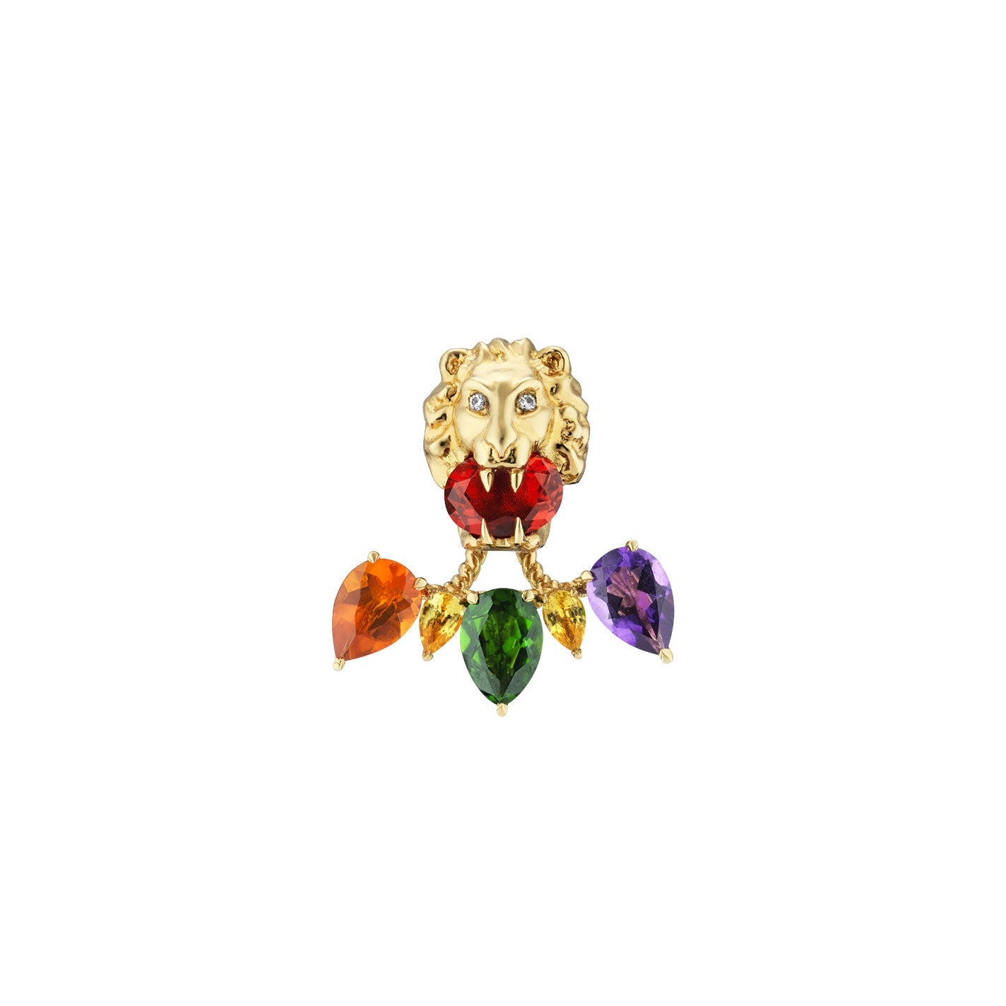 An exquisite Gucci Lionhead single stud earring in 18K yellow gold is adorned with dazzling red, orange, green, and purple colored gemstones. The earring features blue eyes and symmetrically arranged pear-shaped gemstones below the lion's head, reflecting the iconic style synonymous with GUCCI Fine Jewellery.