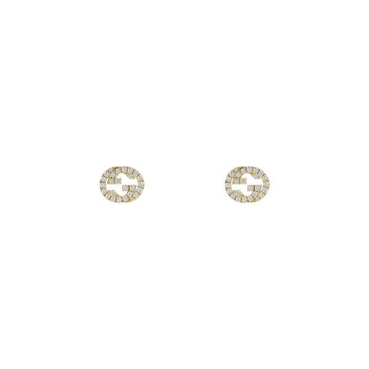 A pair of Gucci Interlocking G 18K Yellow Gold Diamond Stud Earrings from GUCCI Fine Jewellery, featuring a textured design with sparkling, clear stones set in an elegant 18k yellow gold framework, arranged symmetrically on a plain white background.
