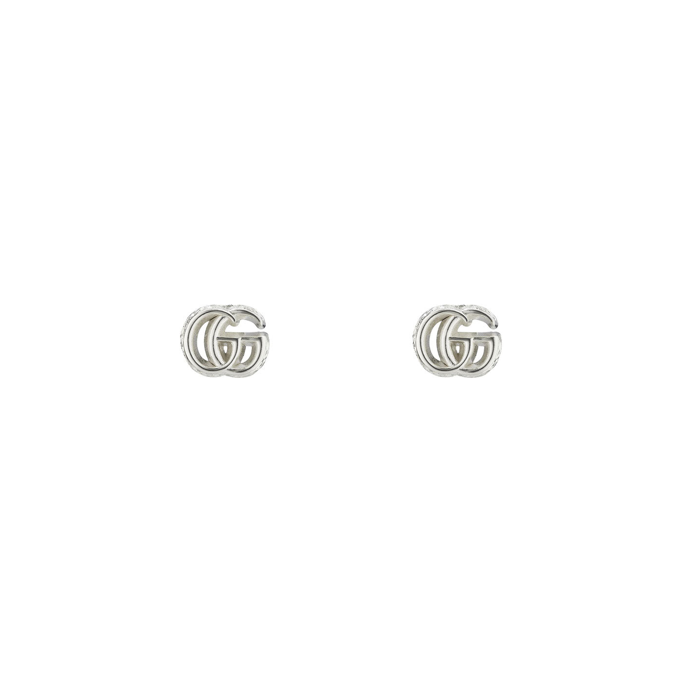 A pair of Gucci GG Marmont Sterling Silver Stud Earrings by GUCCI Fine Jewellery, crafted in small, silver 925 sterling silver and featuring the iconic symmetrical interlocking Double G logo design. They are set against a plain white background.