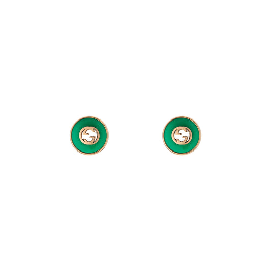 The Gucci Interlocking G 18K Rose Gold and Green Agate Stud Earrings from GUCCI Fine Jewellery showcase a small, round design with green agate and 18K gold, featuring the iconic Interlocking G logo at the center, beautifully presented on a white background.
