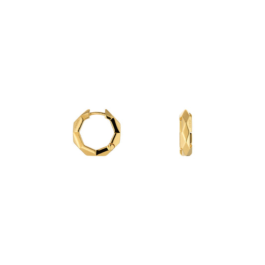 A pair of Gucci Link To Love 18K Yellow Gold Studded Hoop Earrings from GUCCI Fine Jewellery is set against a white background, showcasing one earring facing forward and the other from the side to highlight their geometric faceted design.