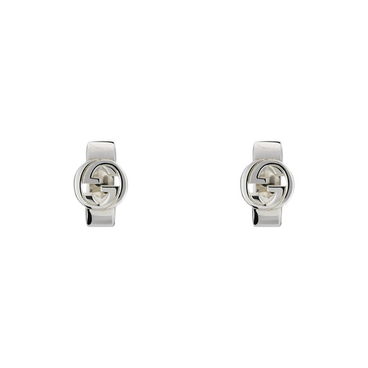 The Gucci Interlocking G Sterling Silver Wide Hoop Earrings by GUCCI Fine Jewellery, crafted from 925 sterling silver with interlocking G logo design, measure 13.2mm and are shown on a plain white background.