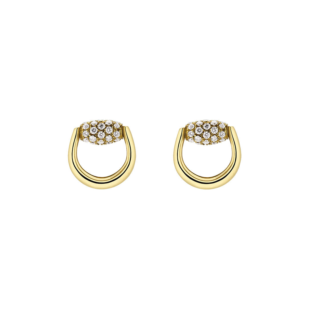 A pair of Gucci Horsebit 18K Yellow Gold with Diamond Stud Earrings by GUCCI Fine Jewellery, showcasing pavé diamond accents and sophisticated design, displayed against a white background.