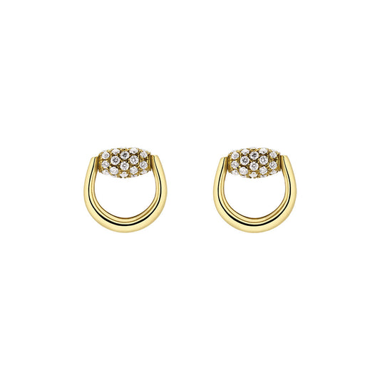 A pair of Gucci Horsebit 18K Yellow Gold with Diamond Stud Earrings by GUCCI Fine Jewellery, showcasing pavé diamond accents and sophisticated design, displayed against a white background.