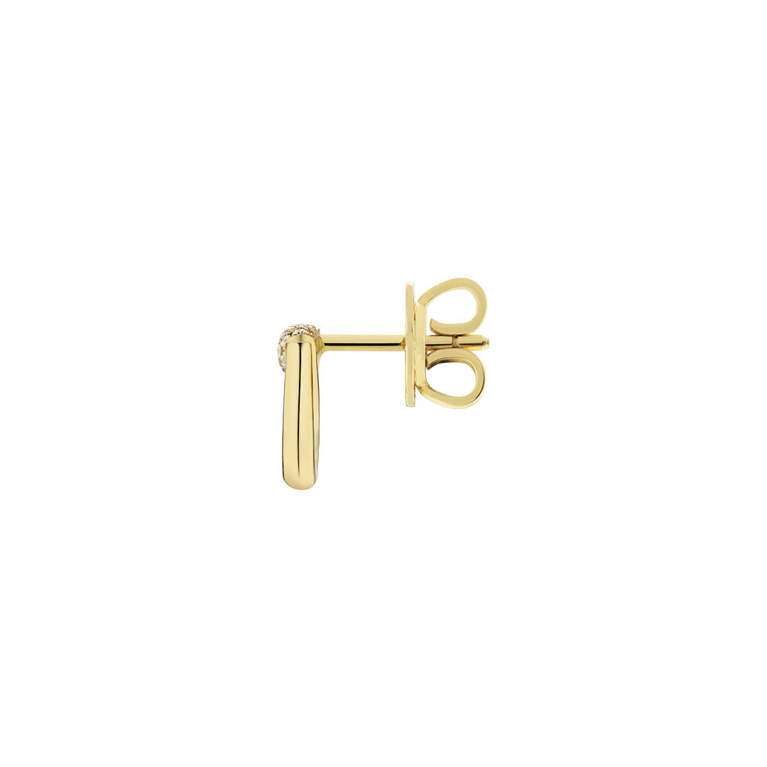 A single Gucci Horsebit 18K yellow gold and diamond stud earring from GUCCI Fine Jewellery, featuring a hoop-inspired front and butterfly back, displayed from the side against a white background.