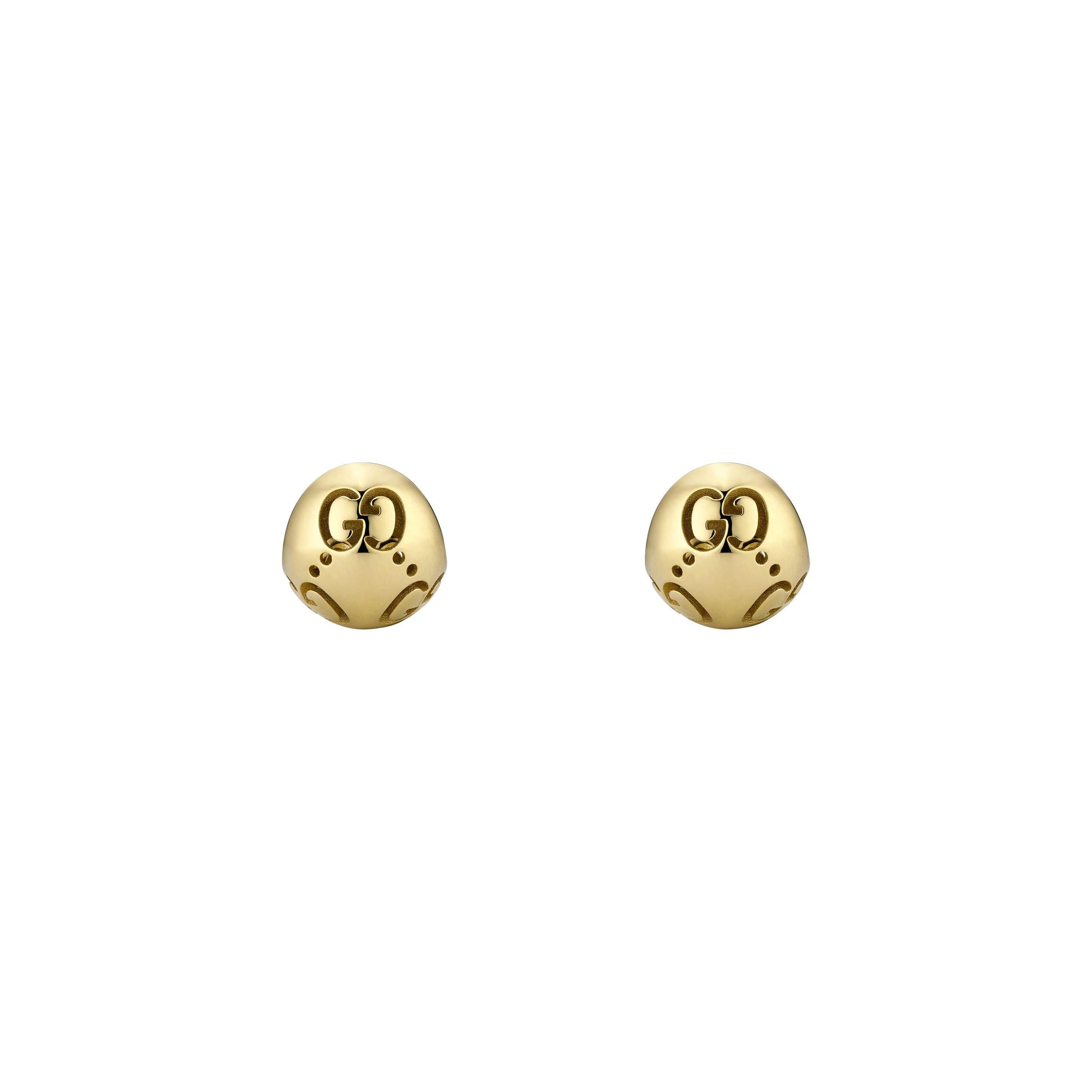 A pair of Gucci Icon Boule 18K yellow gold stud earrings by GUCCI Fine Jewellery, featuring small skull shapes with interlocking double G logos on the forehead, 12 mm open size, shown on a plain white background.