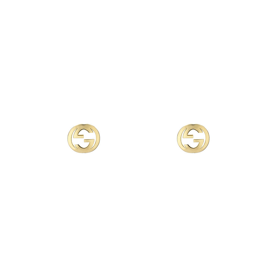 A pair of Gucci Interlocking G 18K Yellow Gold Stud Earrings by GUCCI Fine Jewellery, shown on a plain white background.
