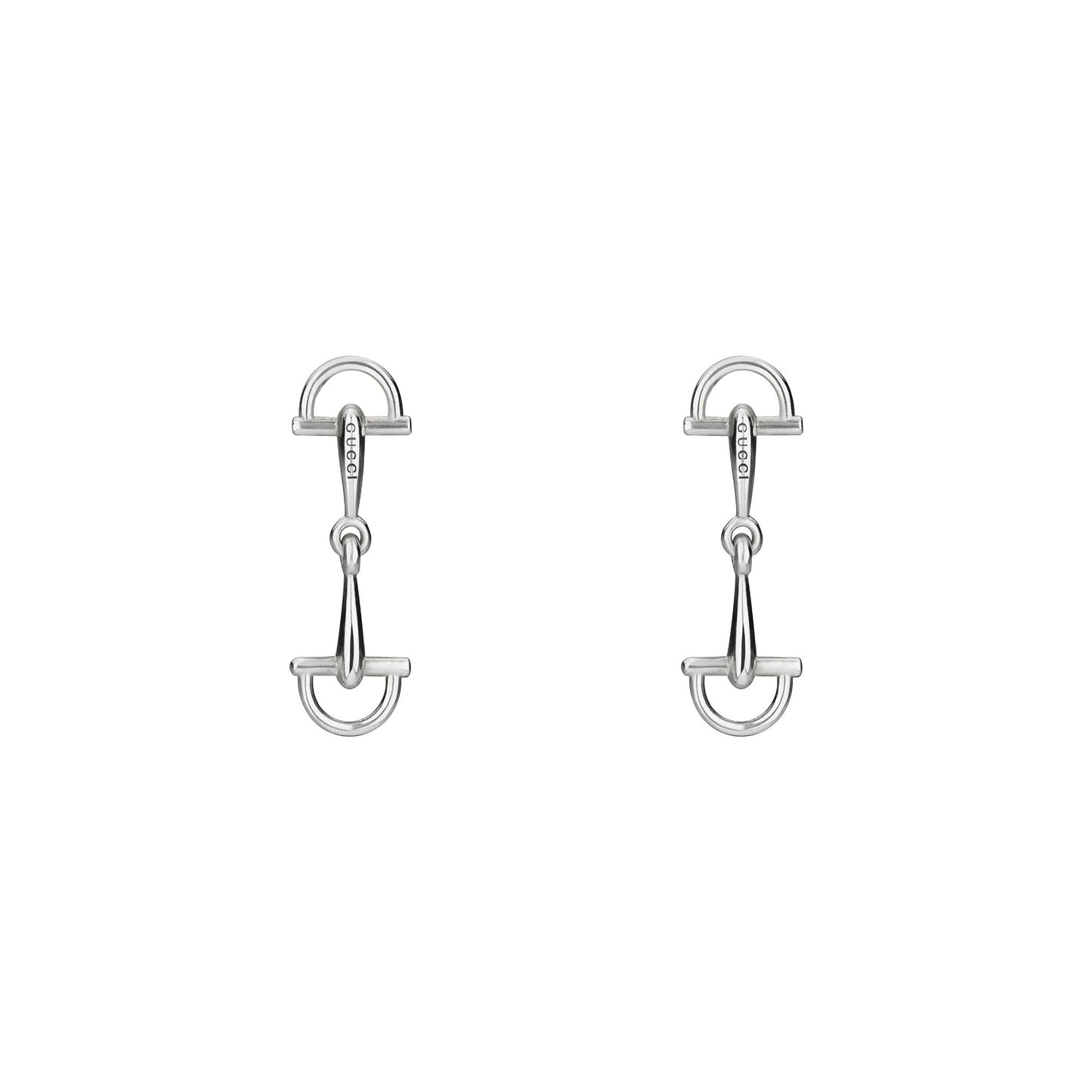 Gucci Staffa Sterling Silver Stud Earrings by GUCCI Fine Jewellery, featuring horse bit-inspired geometric shapes and polished surfaces, set against a white background. Inspired by classic Gucci silver jewelry.