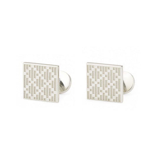 A pair of Gucci Diamante Sterling Silver Cufflinks from GUCCI Gift and Accessories, crafted from 925 sterling silver with a square shape and a geometric grid pattern inspired by the iconic Gucci Diamante motif, showcased against a white background.
