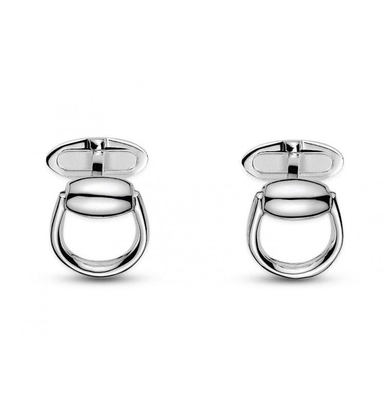 The Gucci Horsebit Cufflinks by GUCCI Fine Jewellery are crafted from sterling silver and showcase an equestrian-style design with a polished finish, characterized by a circular horsebit motif linked to a flat bar.