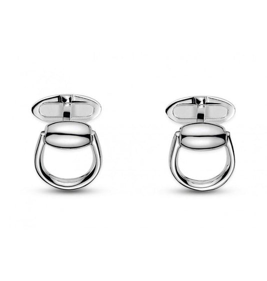 The Gucci Horsebit Cufflinks by GUCCI Fine Jewellery are crafted from sterling silver and showcase an equestrian-style design with a polished finish, characterized by a circular horsebit motif linked to a flat bar.