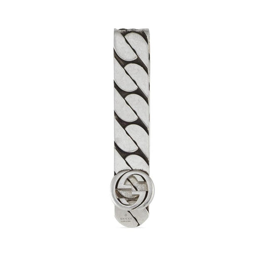 A sterling silver Gucci Interlocking G Money Clip by GUCCI Fine Jewellery, featuring a chain-link pattern and an Interlocking G circular logo design at the base.