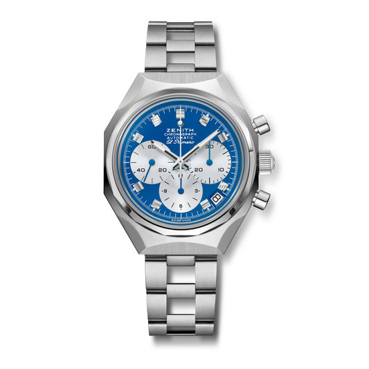 The Zenith Defy Chronograph USM - Genetian Blue features a stainless steel case and link bracelet, blue and white dial with three subdials, date at 4:30, three right-side pushers, and is powered by the El Primero 400 calibre.
