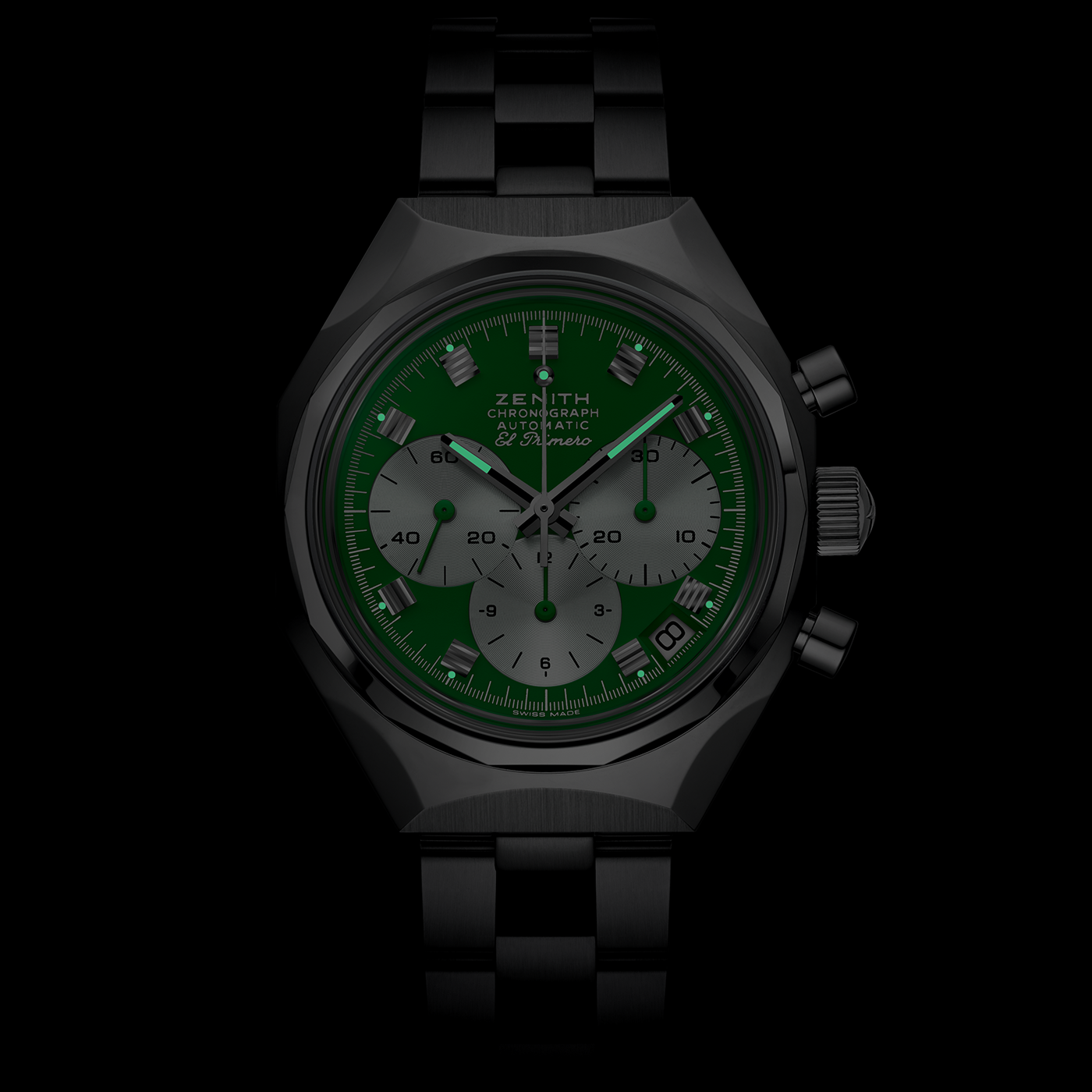 The Zenith Defy Chronograph USM - USM Green features a black metal case, green and silver dial with three subdials, chronograph pushers, date window, El Primero 400 calibre movement, and "Zenith" branding on a dark background.