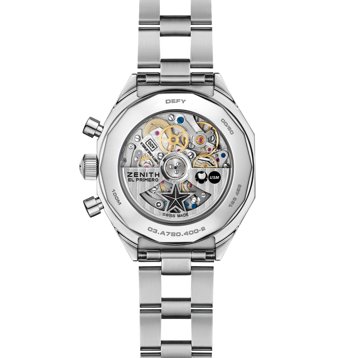 The Zenith Defy Chronograph USM - USM Green wristwatch is shown from the back, revealing its El Primero 400 automatic movement and gears through a transparent case back, along with a metallic bracelet and engraved details.