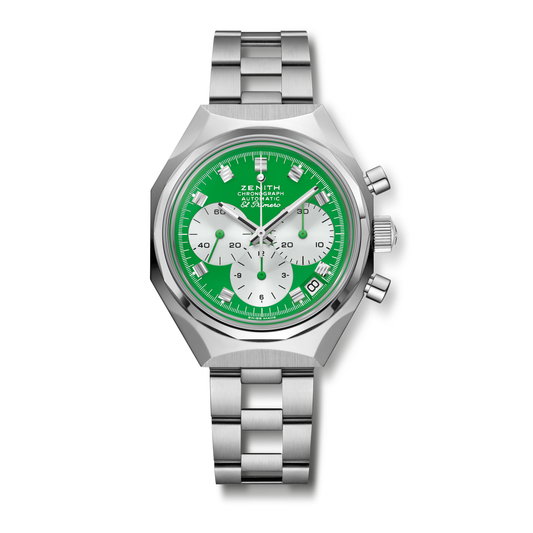 The Zenith Defy Chronograph USM - USM Green is a limited edition stainless steel wristwatch featuring a green and white dial, three subdials, date window at 4:30, El Primero 400 movement, metal link bracelet, and three right-side pushers.