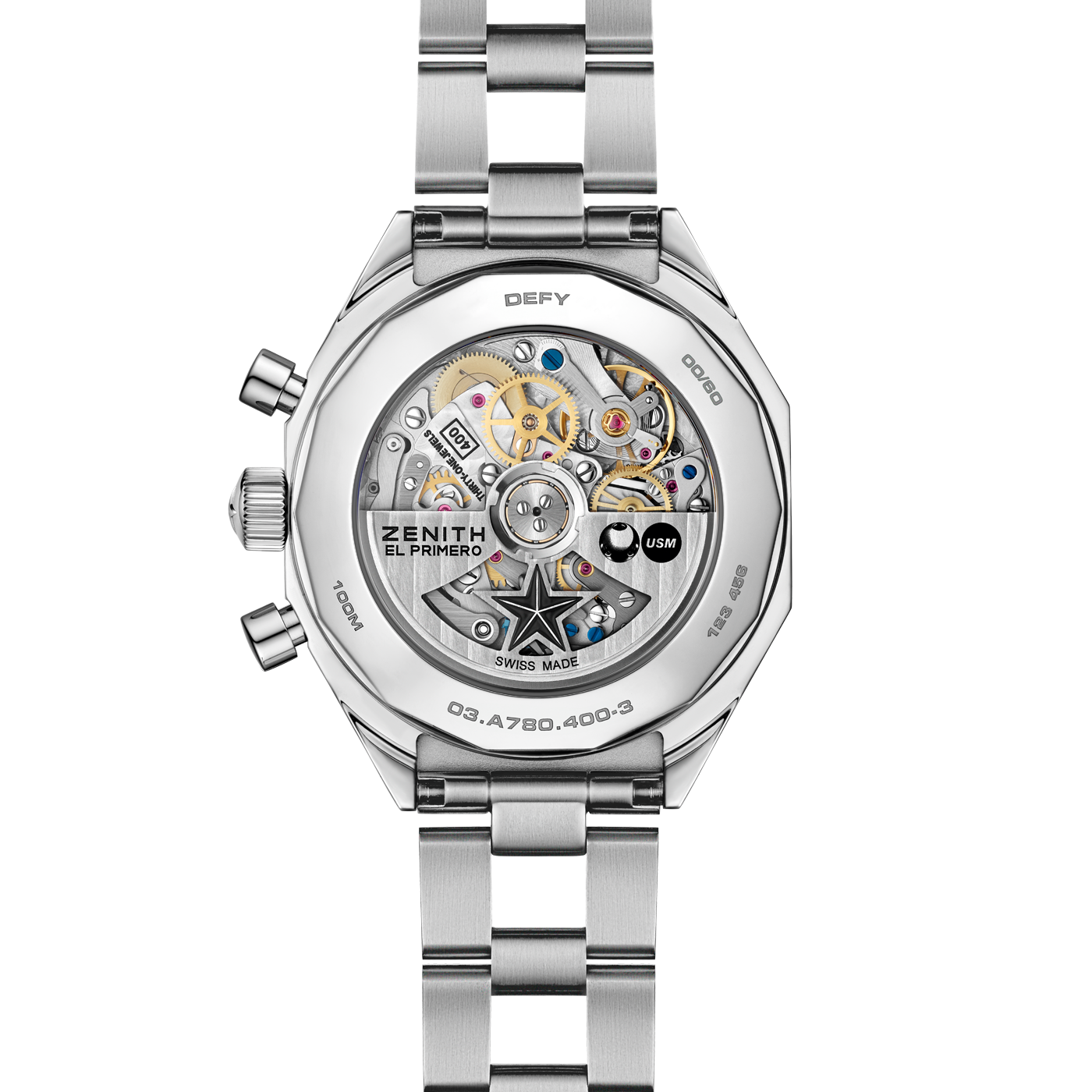 Back view of the Zenith Defy Chronograph USM - Pure Orange by Zenith, revealing Swiss precision and the El Primero 400 movement through a transparent case back, set with a stainless steel bracelet and engraved edge text.
