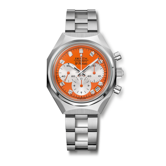 The Zenith Defy Chronograph USM - Pure Orange features Swiss precision, a stainless steel case, orange dial, white subdials, silver markers, date at 4:30, metal bracelet, and visible "Zenith" and El Primero 400 movement on the face.