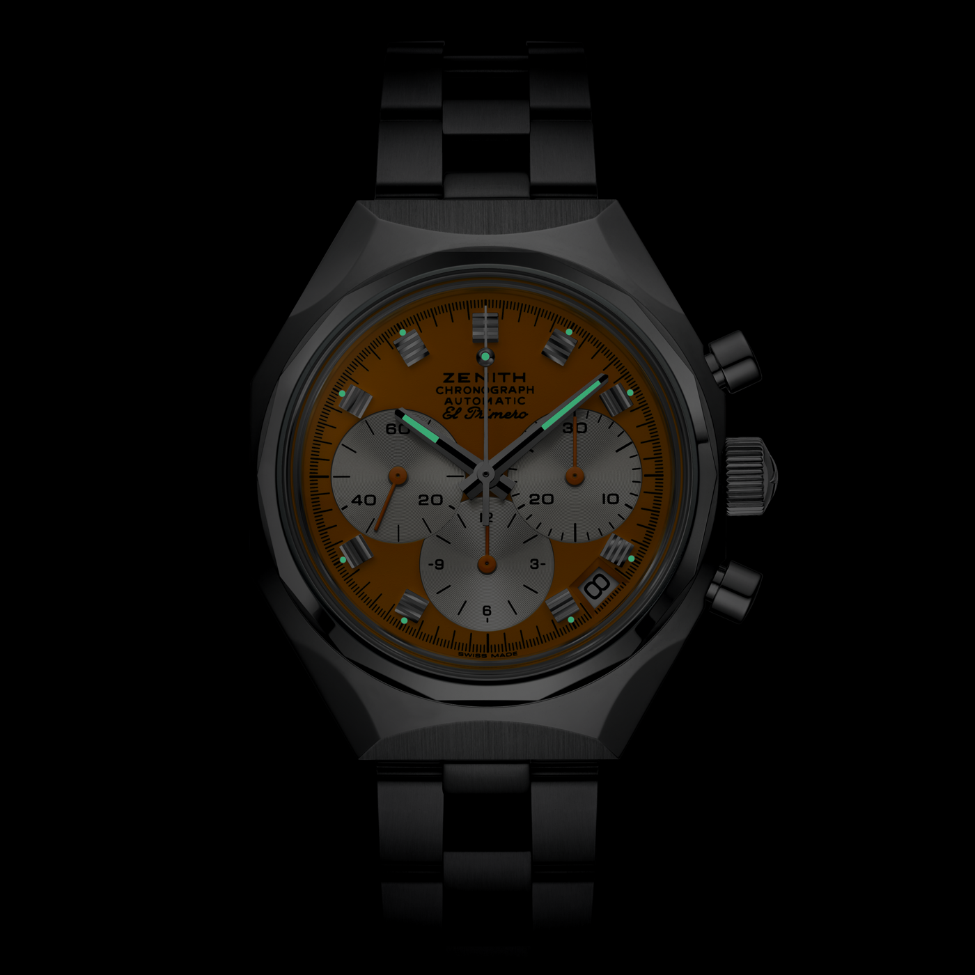 The Zenith Defy Chronograph USM - Golden Yellow by Zenith features a stainless steel case, dark metal bracelet, golden yellow dial with three silver subdials, and blue and white accents on the hands and markers, highlighting Swiss chronograph precision.