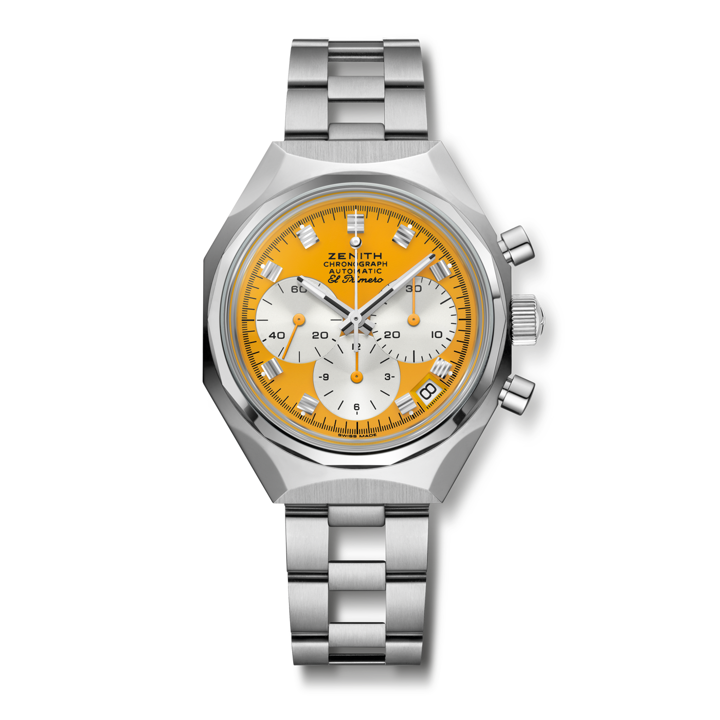 The Zenith Defy Chronograph USM - Golden Yellow features a stainless steel case, silver metal bracelet, orange and white dial with three subdials, date window at 4:30, and the renowned El Primero 400 automatic movement.
