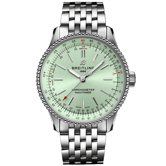 A stainless steel Certified Pre-Owned BREITLING Navitimer Automatic 35 watch with a mint green dial, featuring COSC-certified chronometer markings, a slide rule bezel, and a five-link bracelet. Powered by the reliable Breitling Caliber 17, the brand name Breitlin1 and logo are displayed at the top of the dial.