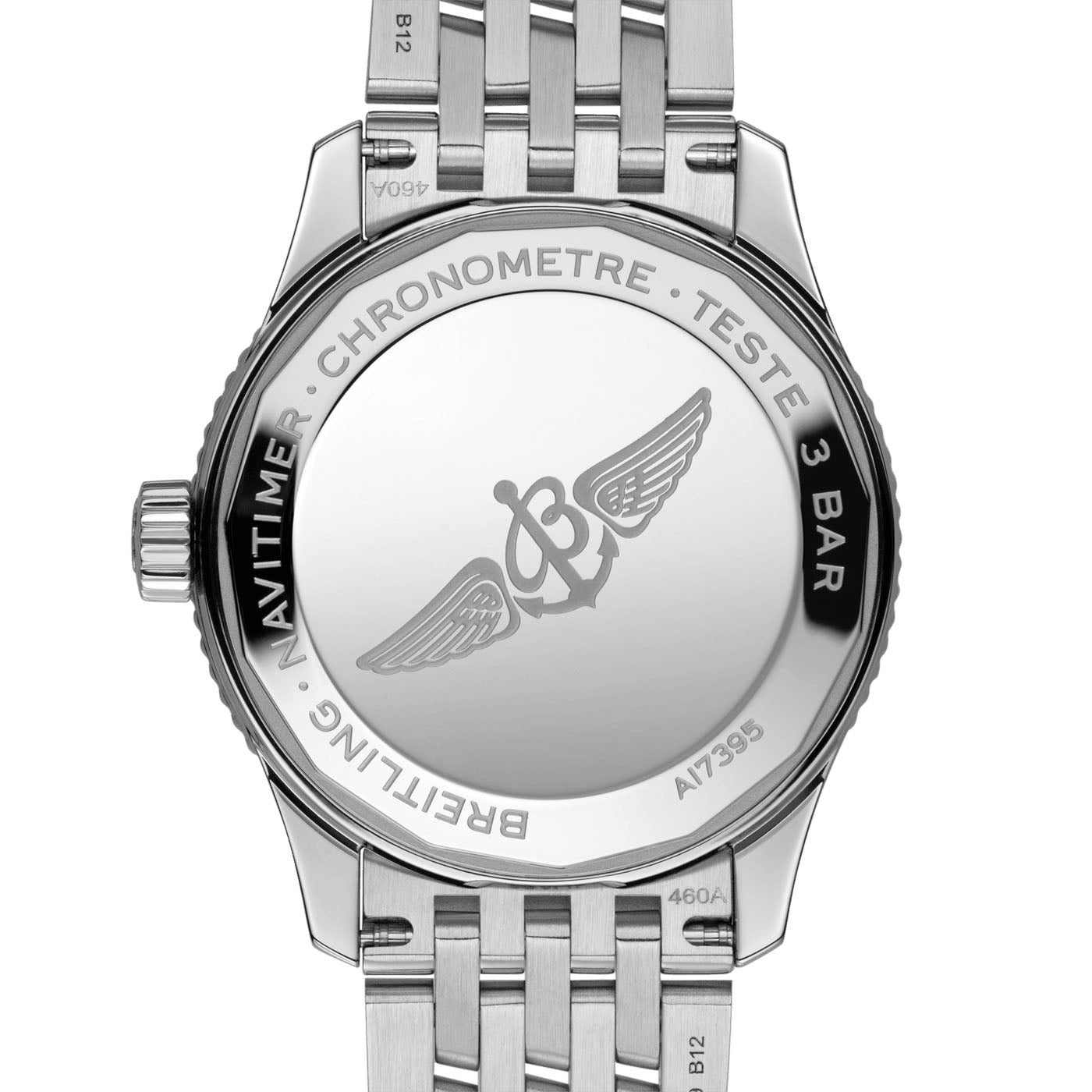 The image displays the back of a stainless steel Certified Pre-Owned BREITLING Navitimer Automatic 35 wristwatch, featuring an engraved winged logo along with the words "BREITLIN1" and "NAVITIMER." This watch, fitted with a metal bracelet, contains the Breitling Caliber 17 and is recognized as a COSC-certified chronometer.