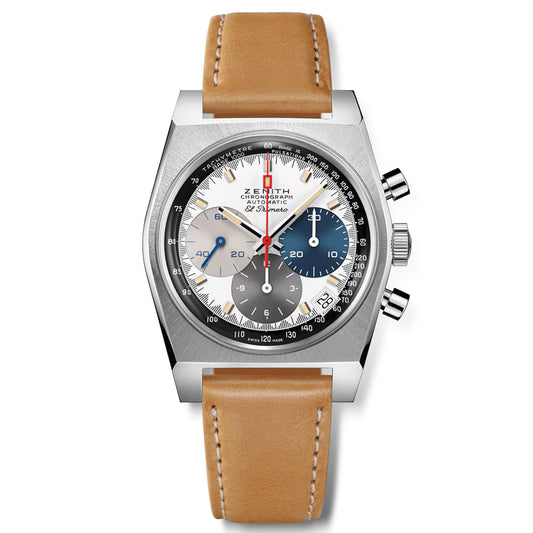 The ZENITH Chronomaster Revival El Primero 400 features a sophisticated tonneau case, silver square bezel, tri-color dial in blue and white, and tan leather strap. Its El Primero chronograph includes a date window, sub-dials, and baton hour markers.