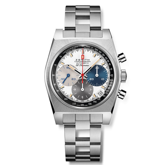 The ZENITH Chronomaster Revival El Primero 400 is a 37mm stainless steel wristwatch featuring a geometric case and bracelet. It includes three sub-dials in gray, blue, and white hues, high-frequency precision red-tipped silver hands, a smooth bezel, and two right-side push buttons.