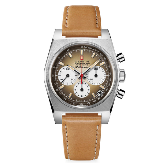 The Zenith Chronomaster Revival El Primero 400 37mm watch has a squared stainless steel case, tan leather strap, gradient beige dial with white subdials, tachymeter scale, silver hands and indices. It includes brand text and a date window at the 4 o'clock position.