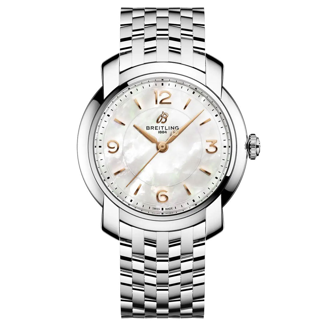 The BREITLING Lady Premier 32 by Breitling is a silver women’s luxury watch with a white mother-of-pearl dial, gold hour markers and hands, and a silver metal link bracelet, shown against a white background.