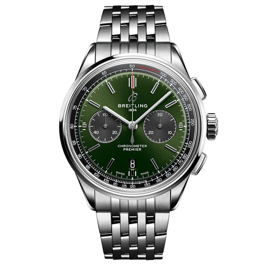 The Certified Pre-Owned BREITLING Premier B01 Chronograph 42 by Breitlin1 features a striking green dial with a date display and the iconic chronograph panda design. It includes two sub-dials and is complemented by a stainless steel bracelet. The watch has silver hands and hour markers, with a red second hand for added contrast.