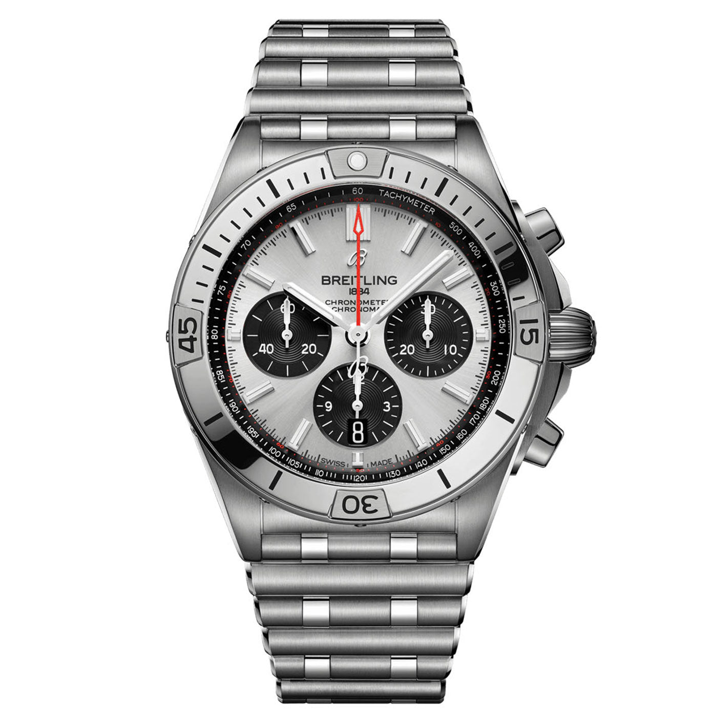 The Breitling Chronomat B01 42 is a striking stainless steel mechanical chronograph that showcases a silver dial accompanied by three black sub-dials, a date window, and a tachymeter scale. Equipped with the Breitling Manufacture Caliber 01, it features a red-tipped second hand and an intricately designed link bracelet. Its bezel is numbered for enhanced precision.