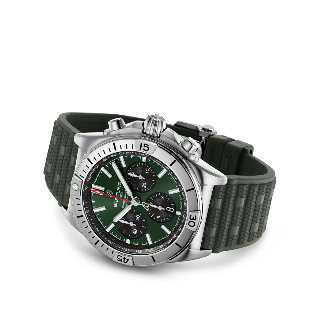 Introducing the BREITLING Chronomat B01 42, a stylish mechanical chronograph from Breitling featuring a silver stainless steel case, green dial, and textured green rubber strap. It includes Breitling Manufacture Caliber 01, three sub-dials, rotating bezel, and a date window.