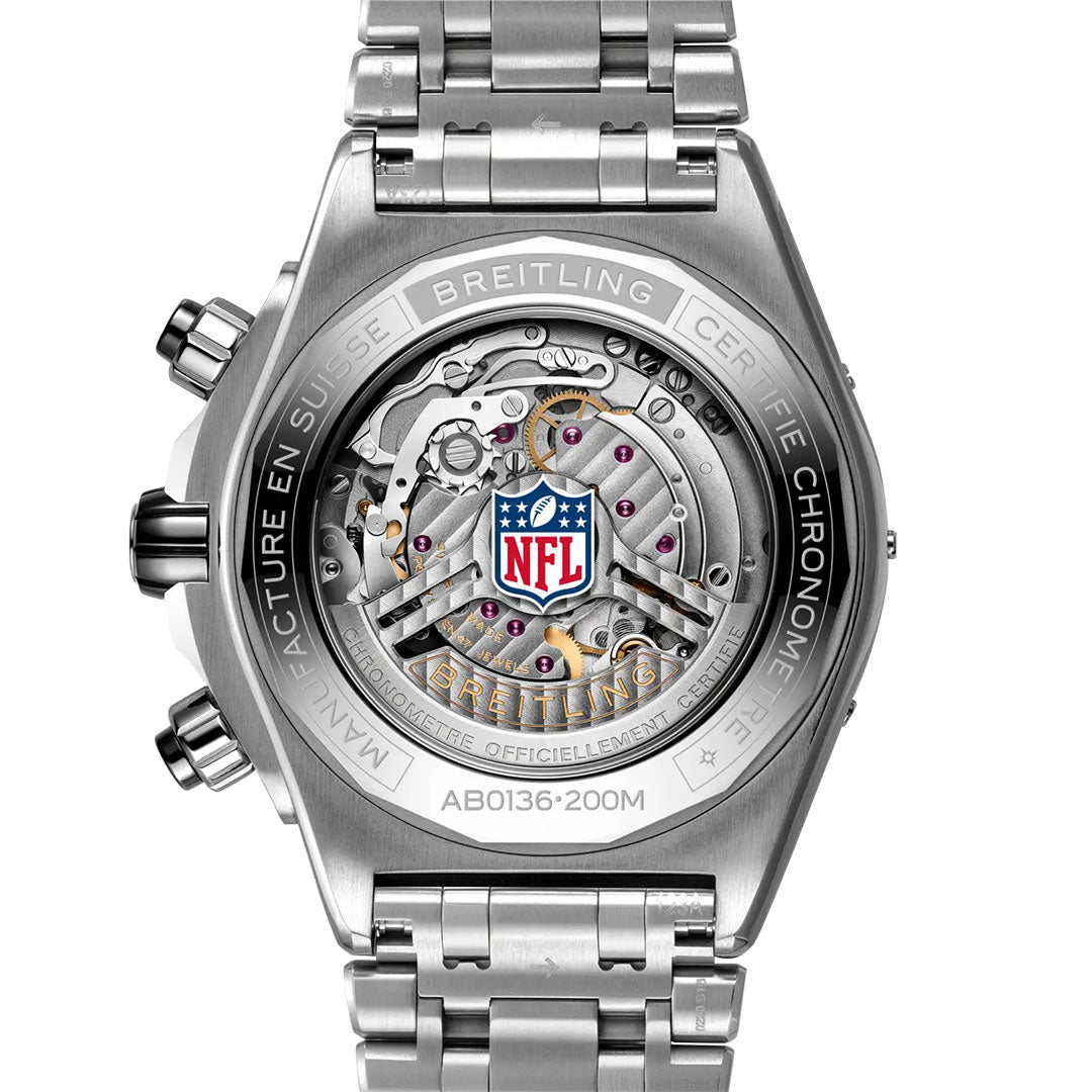 The stainless steel BREITLING Super Chronomat B01 NFL Buffalo Bills Edition features an exposed mechanical movement and NFL logo on the case back, engraved with exclusive Buffalo Bills details.