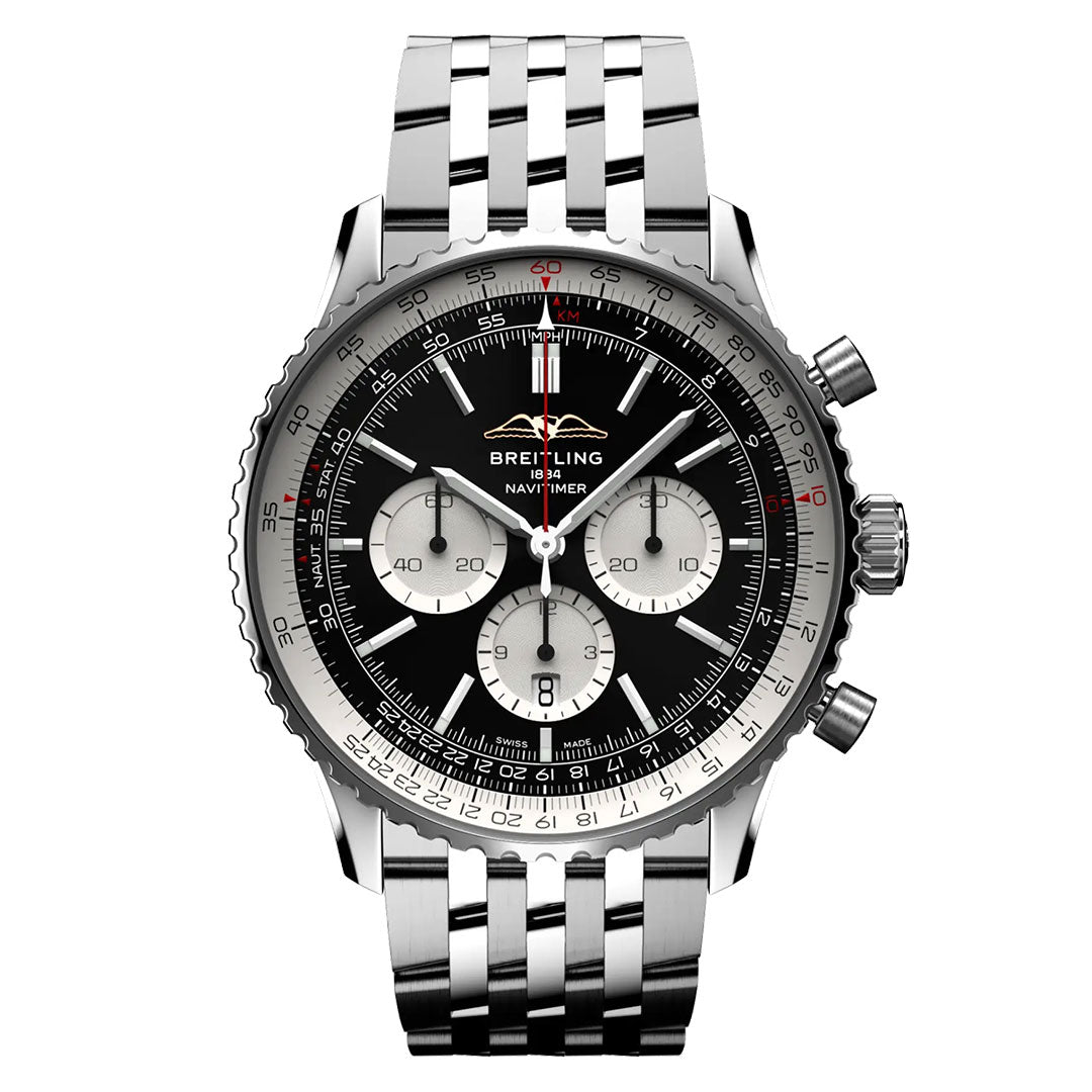 The Breitling Navitimer B01 Chronograph 46 is a stainless steel aviation watch featuring a black dial, three silver sub-dials, date window, metal link bracelet, rotating bezel, and prominent pushers.