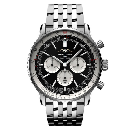 The Breitling Navitimer B01 Chronograph 46 is a stainless steel aviation watch featuring a black dial, three silver sub-dials, date window, metal link bracelet, rotating bezel, and prominent pushers.